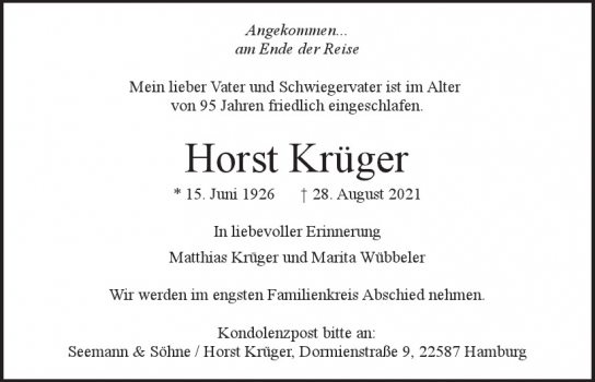 Traueranzeige von Horst Krüger  von Hamburger Tageszeitungen und Anzeigenblättern der FUNKE Mediengruppe