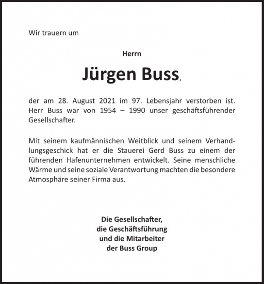 Traueranzeige von Jürgen Buss von Hamburger Tageszeitungen und Anzeigenblättern der FUNKE Mediengruppe