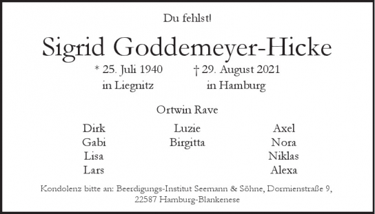 Traueranzeige von Sigrid  Goddemeyer-Hicke von Hamburger Tageszeitungen und Anzeigenblättern der FUNKE Mediengruppe