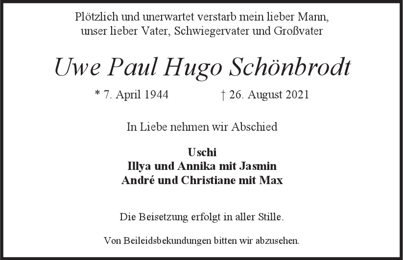  Traueranzeige für Uwe Paul Hugo Schönbrodt vom 08.09.2021 aus Hamburger Tageszeitungen und Anzeigenblättern der FUNKE Mediengruppe