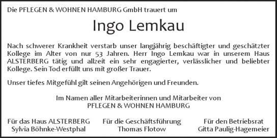 Traueranzeige von Ingo Lemkau von Hamburger Tageszeitungen und Anzeigenblättern der FUNKE Mediengruppe