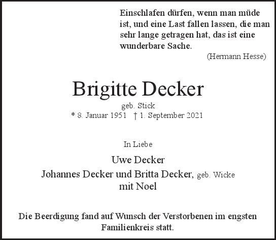 Traueranzeige von Brigitte Decker von Hamburger Tageszeitungen und Anzeigenblättern der FUNKE Mediengruppe