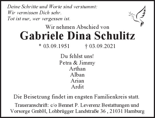 Traueranzeige von Gabriele Dina Schulitz  von Hamburger Tageszeitungen und Anzeigenblättern der FUNKE Mediengruppe