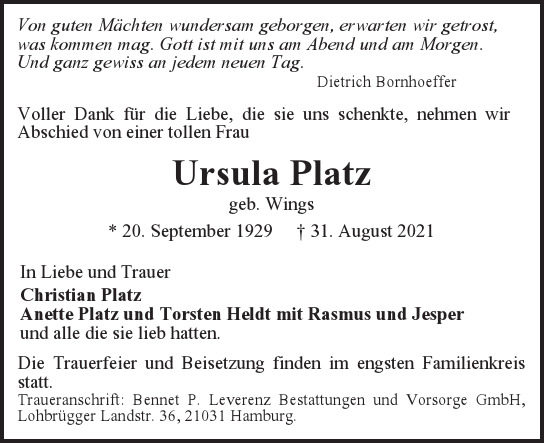  Traueranzeige für Ursula  Platz  vom 11.09.2021 aus Hamburger Tageszeitungen und Anzeigenblättern der FUNKE Mediengruppe