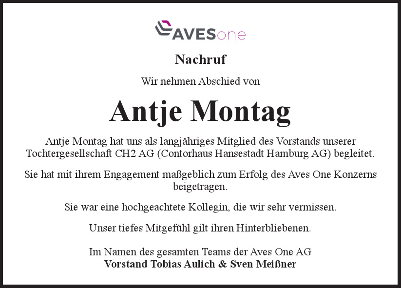  Traueranzeige für Antje Montag  vom 11.09.2021 aus Hamburger Tageszeitungen und Anzeigenblättern der FUNKE Mediengruppe