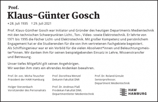 Traueranzeige von Klaus-Günter Gosch von Hamburger Tageszeitungen und Anzeigenblättern der FUNKE Mediengruppe