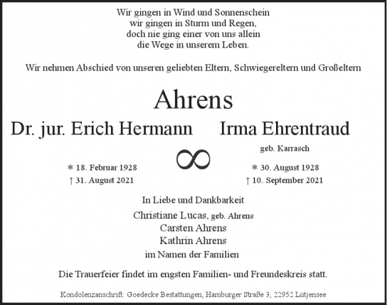 Traueranzeige von Erich Hermann Ahrens von Hamburger Tageszeitungen und Anzeigenblättern der FUNKE Mediengruppe