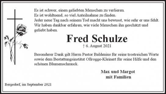 Traueranzeige von Fred Schulze von Hamburger Tageszeitungen und Anzeigenblättern der FUNKE Mediengruppe