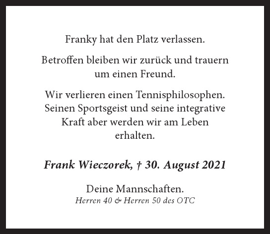 Traueranzeige von Frank Wieczorek von Hamburger Tageszeitungen und Anzeigenblättern der FUNKE Mediengruppe