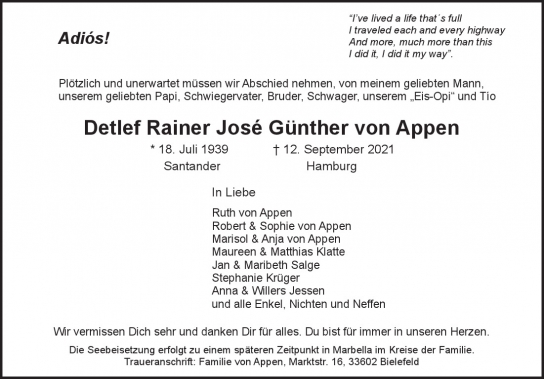 Traueranzeige von Detlef Rainer Jose Günther von Appen von Hamburger Tageszeitungen und Anzeigenblättern der FUNKE Mediengruppe