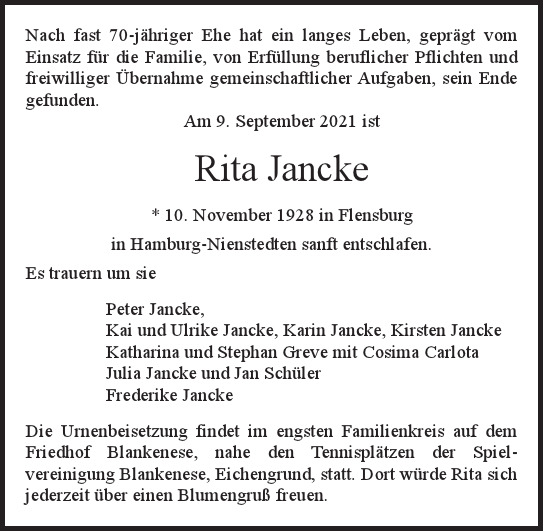 Traueranzeige von Rita Jancke von Hamburger Tageszeitungen und Anzeigenblättern der FUNKE Mediengruppe