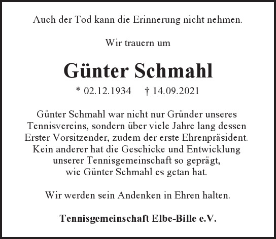 Traueranzeige von Günter Schmahl von Hamburger Tageszeitungen und Anzeigenblättern der FUNKE Mediengruppe