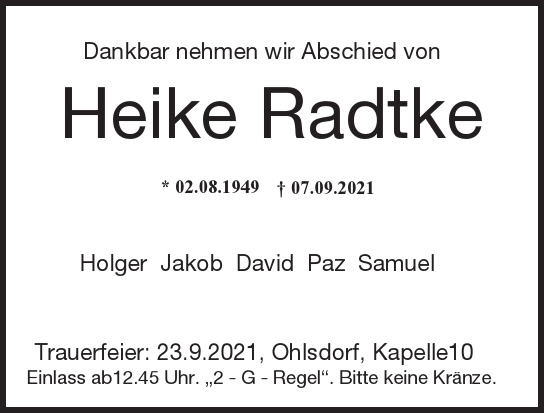  Traueranzeige für Heike Radtke vom 18.09.2021 aus Hamburger Tageszeitungen und Anzeigenblättern der FUNKE Mediengruppe
