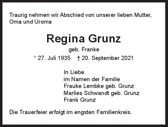 Traueranzeige von Regina  Grunz  von Hamburger Tageszeitungen und Anzeigenblättern der FUNKE Mediengruppe