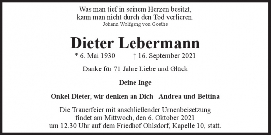 Traueranzeige von Dieter  Lebermann  von Hamburger Tageszeitungen und Anzeigenblättern der FUNKE Mediengruppe