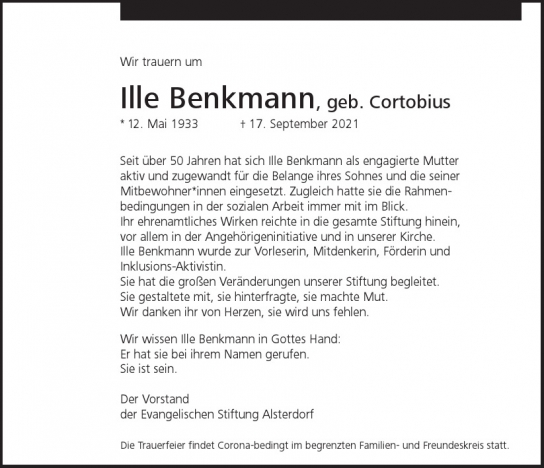 Traueranzeige von Ille  Benkmann von Hamburger Tageszeitungen und Anzeigenblättern der FUNKE Mediengruppe