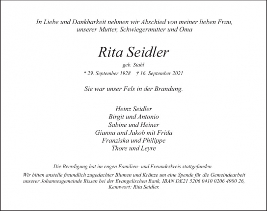 Traueranzeige von Rita Seidler  von Hamburger Tageszeitungen und Anzeigenblättern der FUNKE Mediengruppe