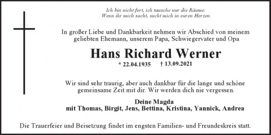 Traueranzeige von Hans Richard Werner  von Hamburger Tageszeitungen und Anzeigenblättern der FUNKE Mediengruppe