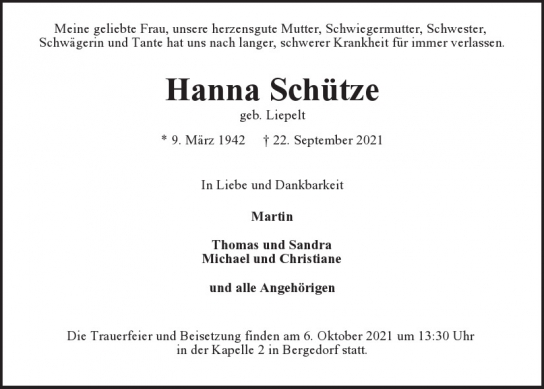 Traueranzeige von Hanna Schütze  von Hamburger Tageszeitungen und Anzeigenblättern der FUNKE Mediengruppe