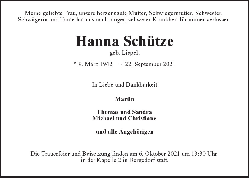  Traueranzeige für Hanna Schütze  vom 02.10.2021 aus Hamburger Tageszeitungen und Anzeigenblättern der FUNKE Mediengruppe