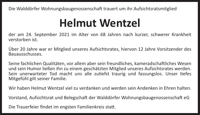  Traueranzeige für Helmut Wentzel  vom 02.10.2021 aus Hamburger Tageszeitungen und Anzeigenblättern der FUNKE Mediengruppe