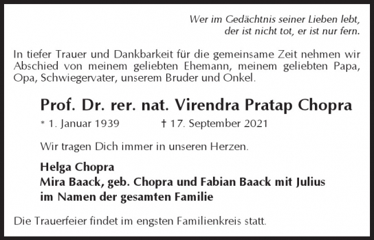 Traueranzeige von Virendra Pratap Chopra  von Hamburger Tageszeitungen und Anzeigenblättern der FUNKE Mediengruppe