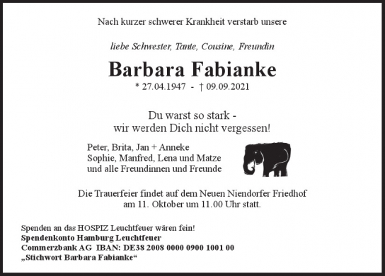 Traueranzeige von Barbara Fabianke  von Hamburger Tageszeitungen und Anzeigenblättern der FUNKE Mediengruppe