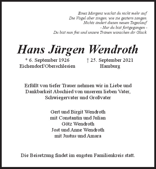 Traueranzeige von Hans Jürgen Wendroth  von Hamburger Tageszeitungen und Anzeigenblättern der FUNKE Mediengruppe