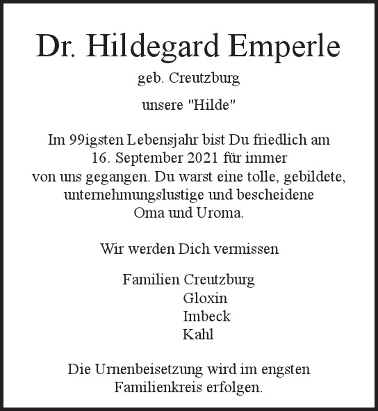 Traueranzeige von Hildegard Hilde Emperle  von Hamburger Tageszeitungen und Anzeigenblättern der FUNKE Mediengruppe