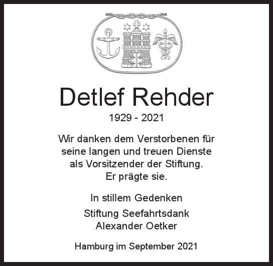 Traueranzeige von Detlef  Rehder  von Hamburger Tageszeitungen und Anzeigenblättern der FUNKE Mediengruppe