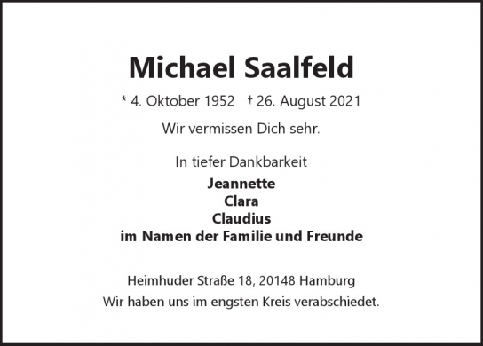 Traueranzeige von Michael  Saalfeld  von Hamburger Tageszeitungen und Anzeigenblättern der FUNKE Mediengruppe