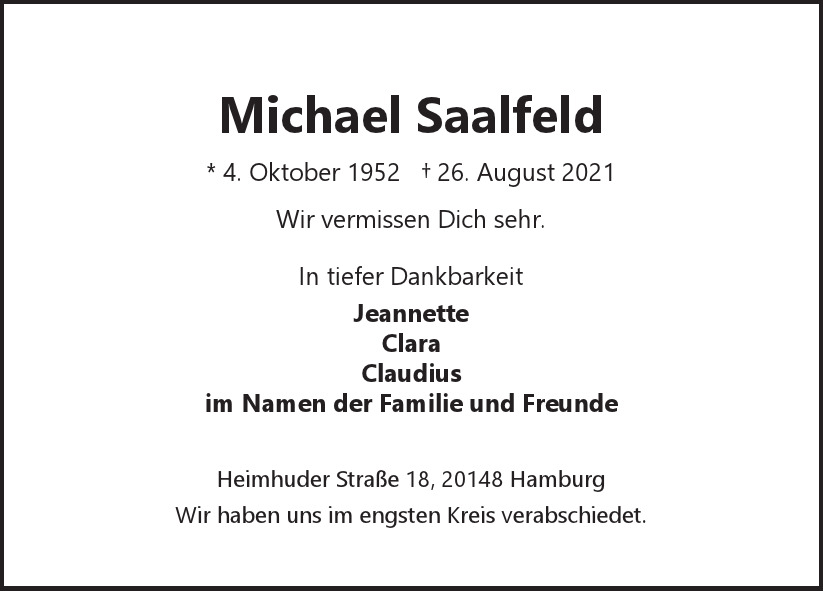  Traueranzeige für Michael  Saalfeld  vom 02.10.2021 aus Hamburger Tageszeitungen und Anzeigenblättern der FUNKE Mediengruppe