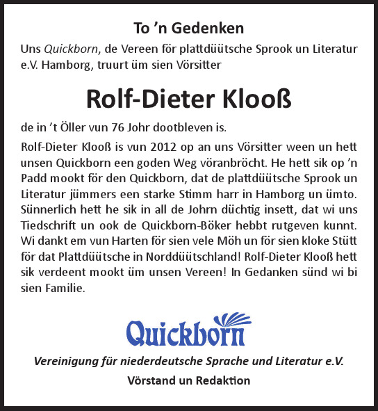 Traueranzeige von Rolf-Dieter Klooß  von Hamburger Tageszeitungen und Anzeigenblättern der FUNKE Mediengruppe