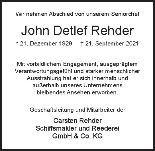 Traueranzeige von John Detlef Rehder  von Hamburger Tageszeitungen und Anzeigenblättern der FUNKE Mediengruppe