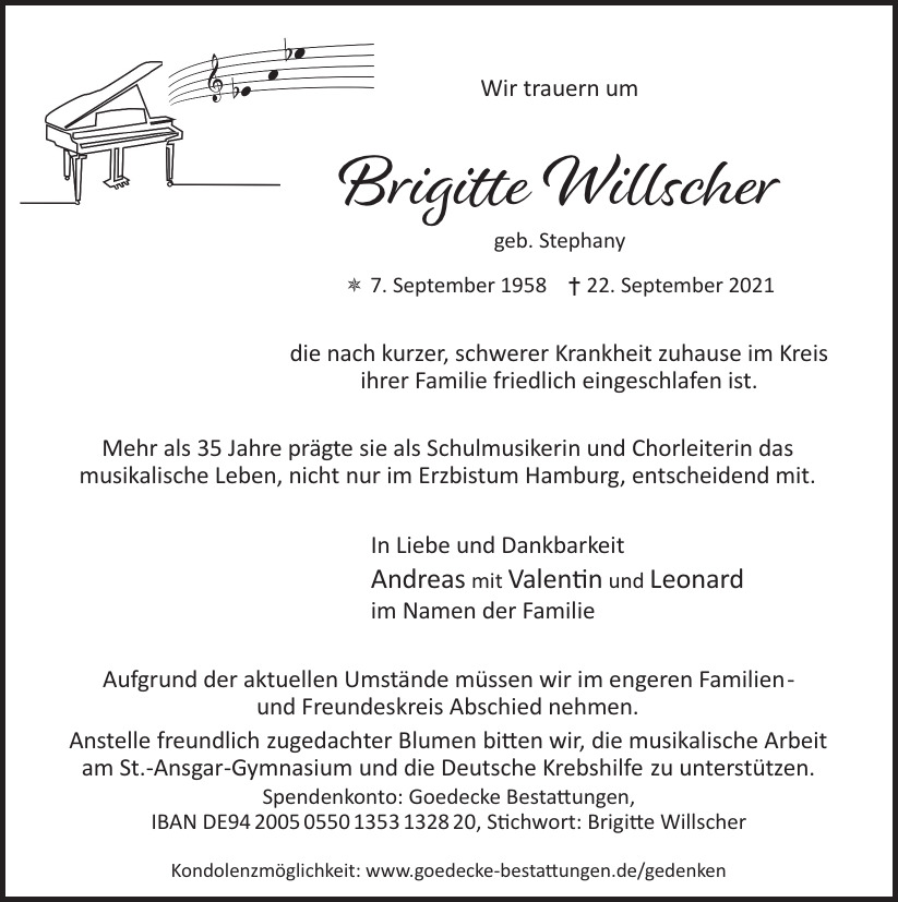  Traueranzeige für Brigitte Willscher vom 02.10.2021 aus Hamburger Tageszeitungen und Anzeigenblättern der FUNKE Mediengruppe