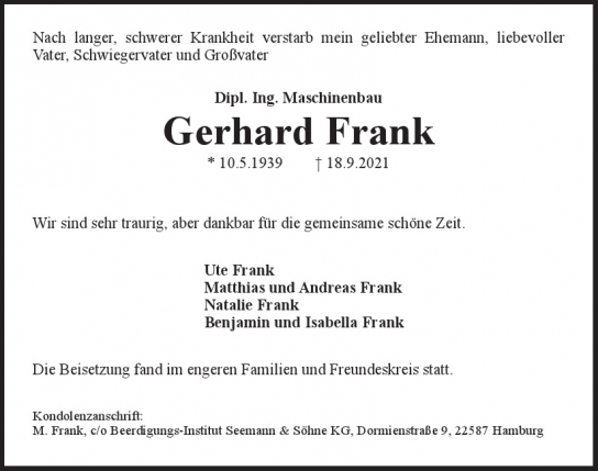 Traueranzeige von Gerhard Frank  von Hamburger Tageszeitungen und Anzeigenblättern der FUNKE Mediengruppe