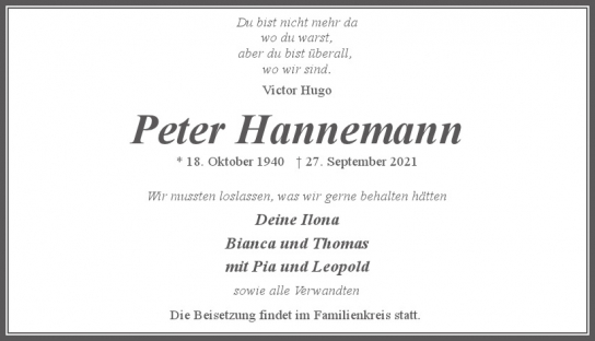 Traueranzeige von Peter Hannemann  von Hamburger Tageszeitungen und Anzeigenblättern der FUNKE Mediengruppe
