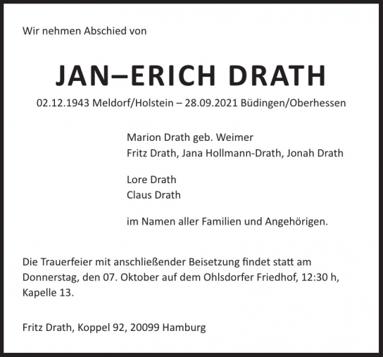 Traueranzeige von  	JAN ERICH DRATH  von Hamburger Tageszeitungen und Anzeigenblättern der FUNKE Mediengruppe