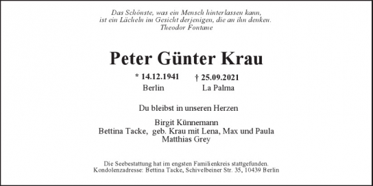 Traueranzeige von Peter Günter Krau  von Hamburger Tageszeitungen und Anzeigenblättern der FUNKE Mediengruppe