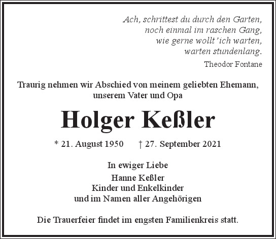 Traueranzeige von Holger  Keßler  von Hamburger Tageszeitungen und Anzeigenblättern der FUNKE Mediengruppe