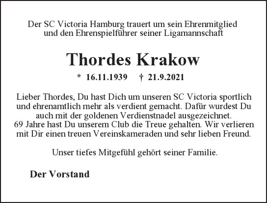 Traueranzeige von Thordes  Krakow  von Hamburger Tageszeitungen und Anzeigenblättern der FUNKE Mediengruppe