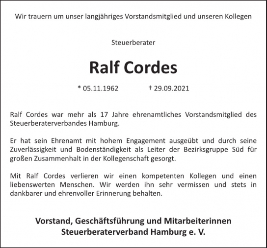 Traueranzeige von Ralf  Cordes  von Hamburger Tageszeitungen und Anzeigenblättern der FUNKE Mediengruppe