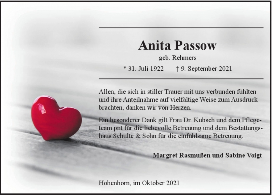 Traueranzeige von Anita Passow  von Hamburger Tageszeitungen und Anzeigenblättern der FUNKE Mediengruppe