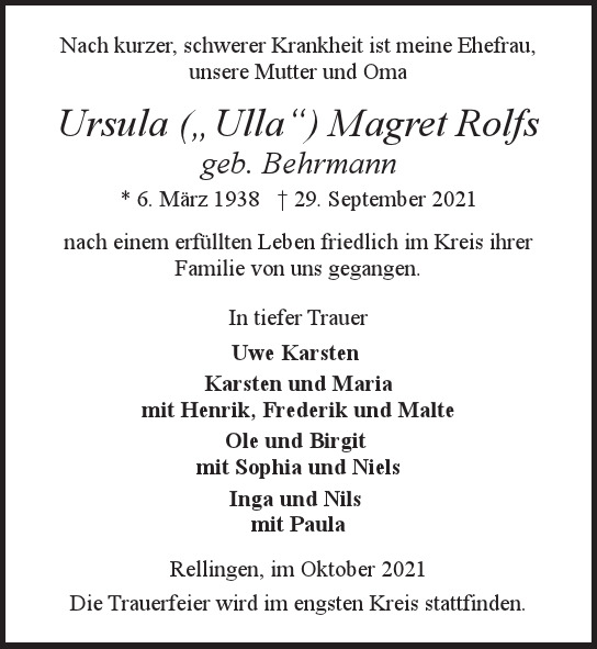 Traueranzeige von Ursula Ulla Magret  Rolfs  von Hamburger Tageszeitungen und Anzeigenblättern der FUNKE Mediengruppe
