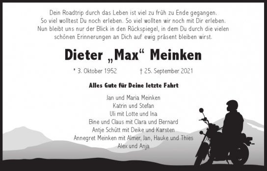 Traueranzeige von Dieter Max Meinken  von Hamburger Tageszeitungen und Anzeigenblättern der FUNKE Mediengruppe