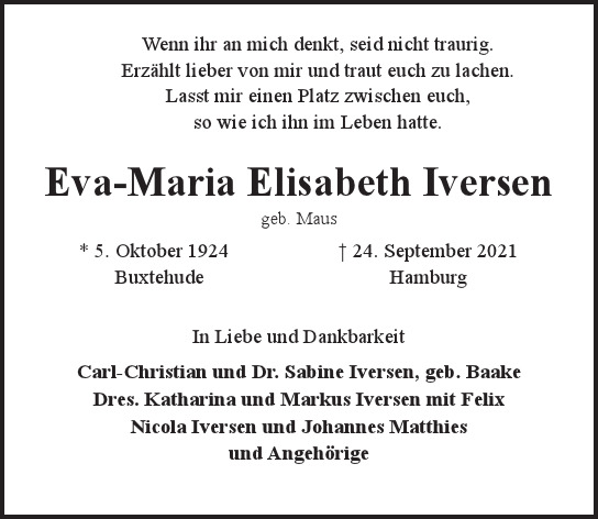 Traueranzeige von Eva-Maria Elisabeth Iversen  von Hamburger Tageszeitungen und Anzeigenblättern der FUNKE Mediengruppe