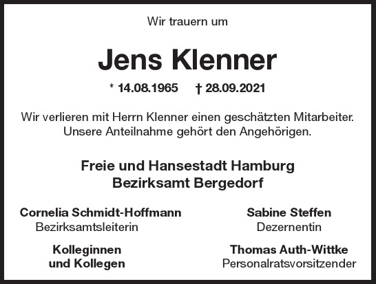 Traueranzeige von Jens  Klenner  von Hamburger Tageszeitungen und Anzeigenblättern der FUNKE Mediengruppe