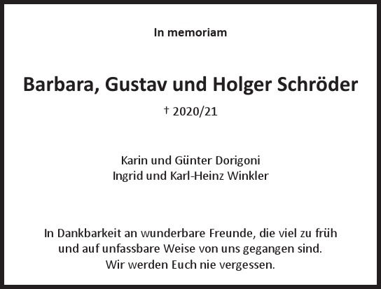 Traueranzeige von Barbara  Gustav und Holger von Hamburger Tageszeitungen und Anzeigenblättern der FUNKE Mediengruppe