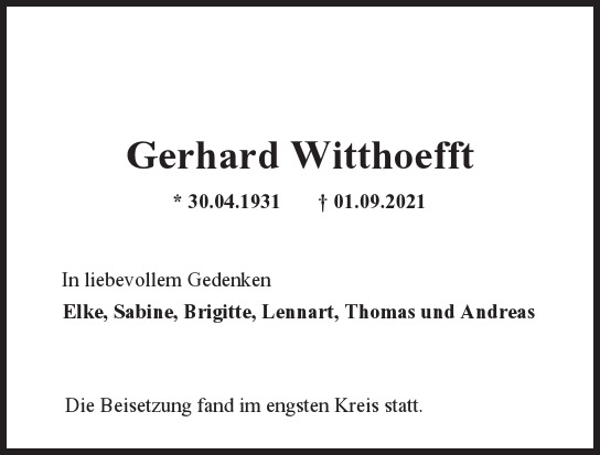 Traueranzeige von Gerhard  Witthoefft  von Hamburger Tageszeitungen und Anzeigenblättern der FUNKE Mediengruppe