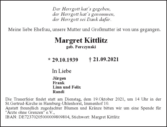 Traueranzeige von Margret Kittlitz  von Hamburger Tageszeitungen und Anzeigenblättern der FUNKE Mediengruppe